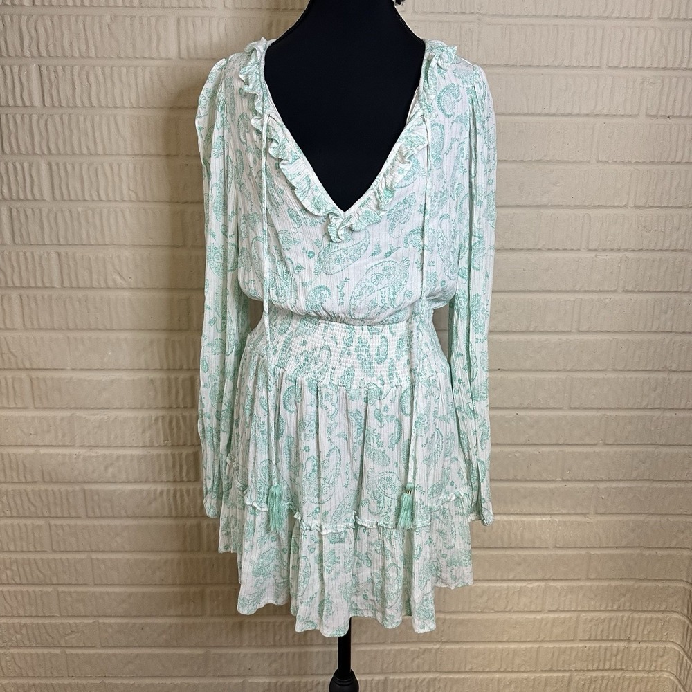 House of‎ Harlow 1960 Paisley Long Sleeve Ruffle Smocked Mini Dress Mint Green L